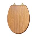 Elongated Wood Closed Front Toilet Seat in Natural Oak with Polished Brass Hinges 