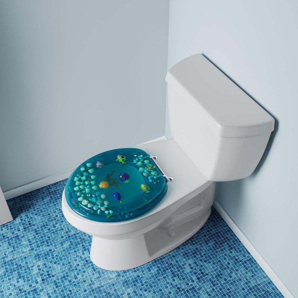 Round Closed-Front Toilet Seat and Lid with Aquarium Scene 