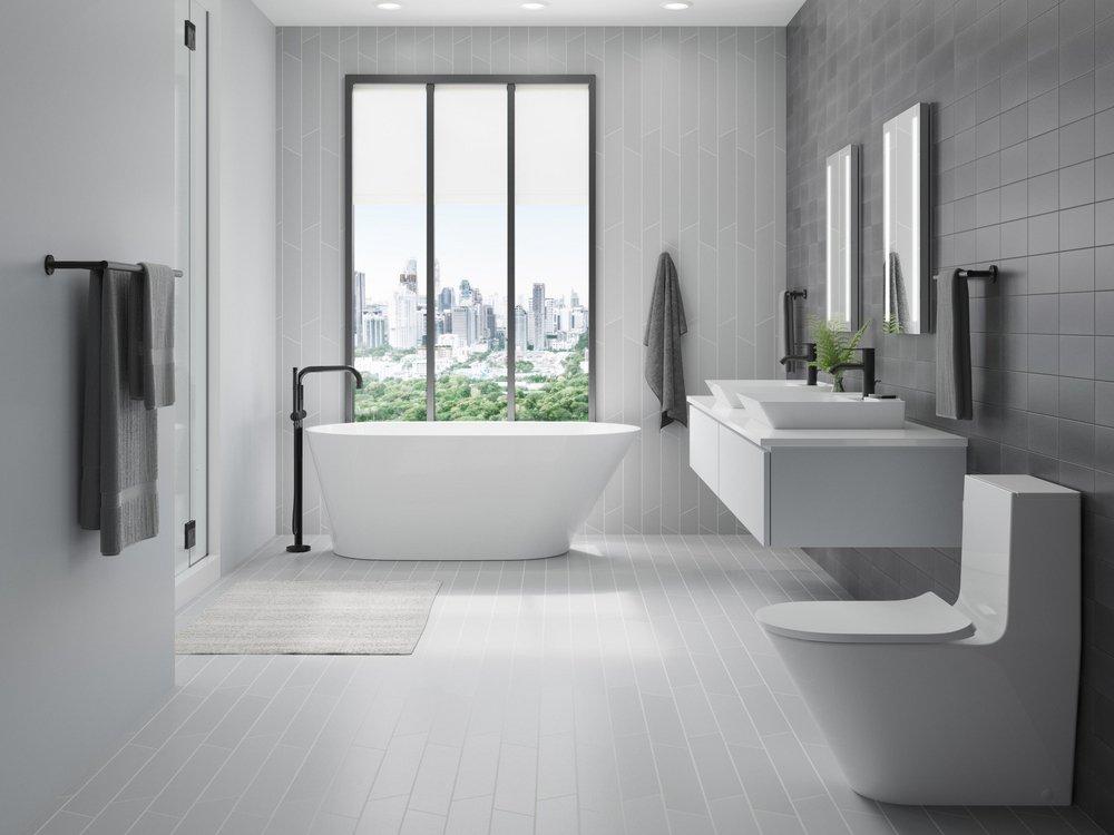 KOHLER Matte Black Single Handle Floor Mount Tub Filler with Hand Shower 