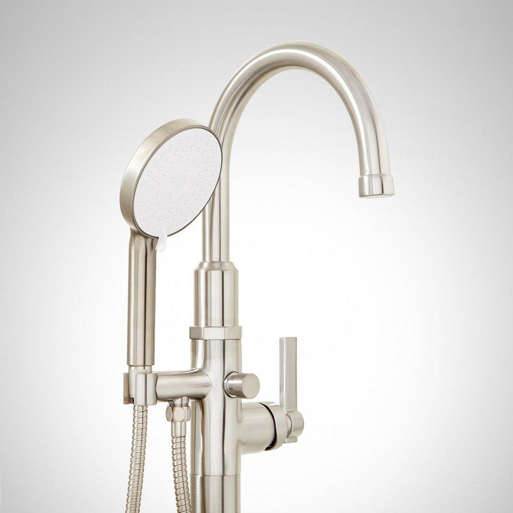 Signature Hardware Brushed Nickel 10 gpm Floor Mount Tub Filler with Single Lever Handle and 1.8 gpm Handshower 