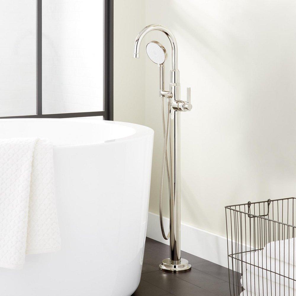 Signature Hardware Polished Nickel 10 gpm Floor Mount Tub Filler with Single Lever Handle and 1.8 gpm Handshower 
