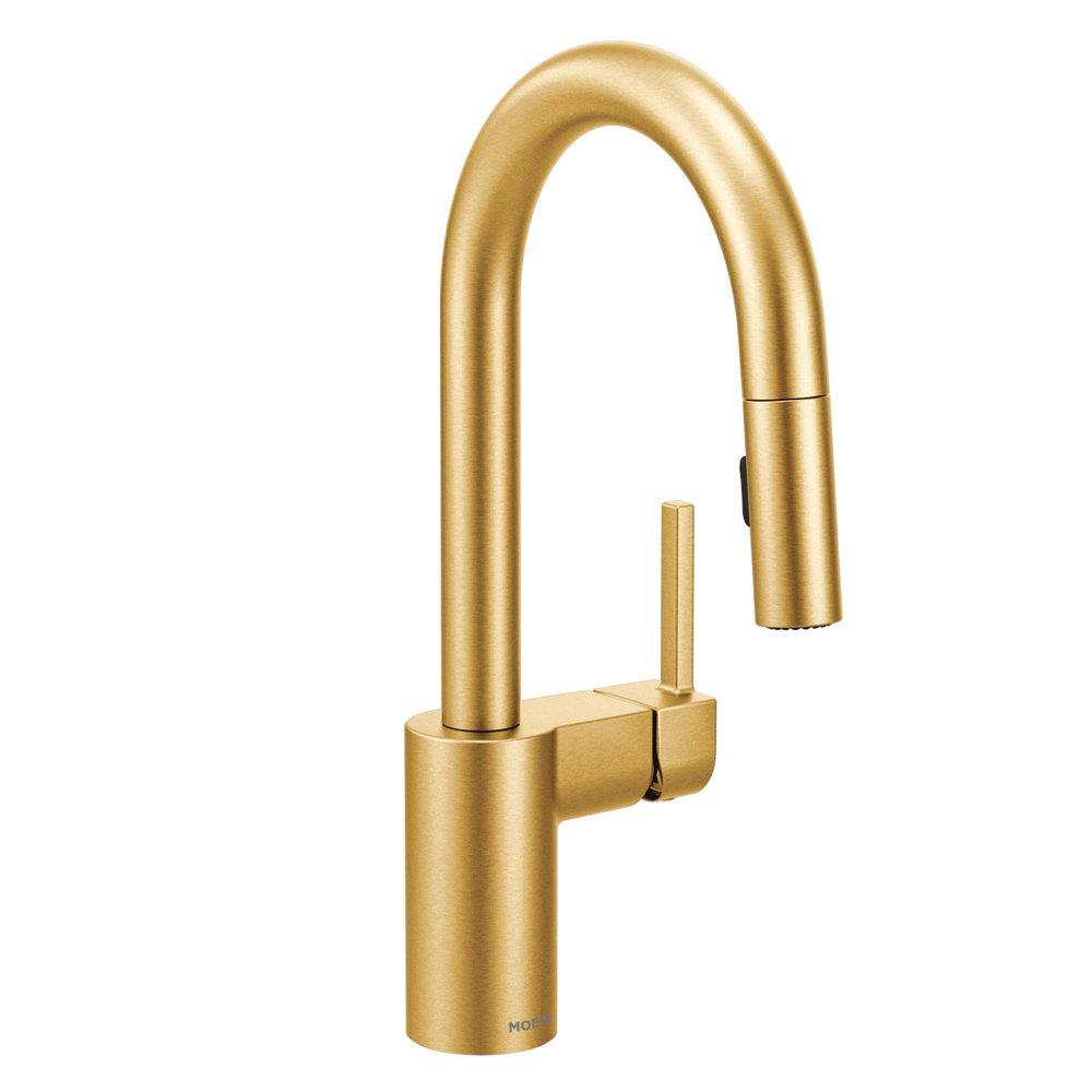 Moen Brushed Gold Single Lever Handle Pull Down Bar Faucet with Power Clean and Reflex Technology 