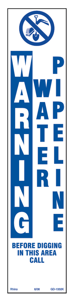 Warning Water Pipeline Decal in Blue and White
