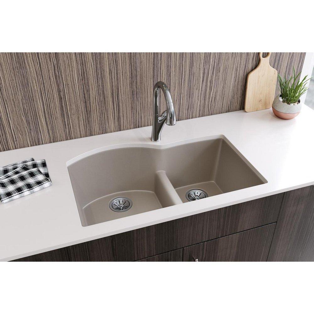 Elkay Silvermist 32-1/2 x 20 in. No Hole Composite Double Bowl Undermount Kitchen Sink 