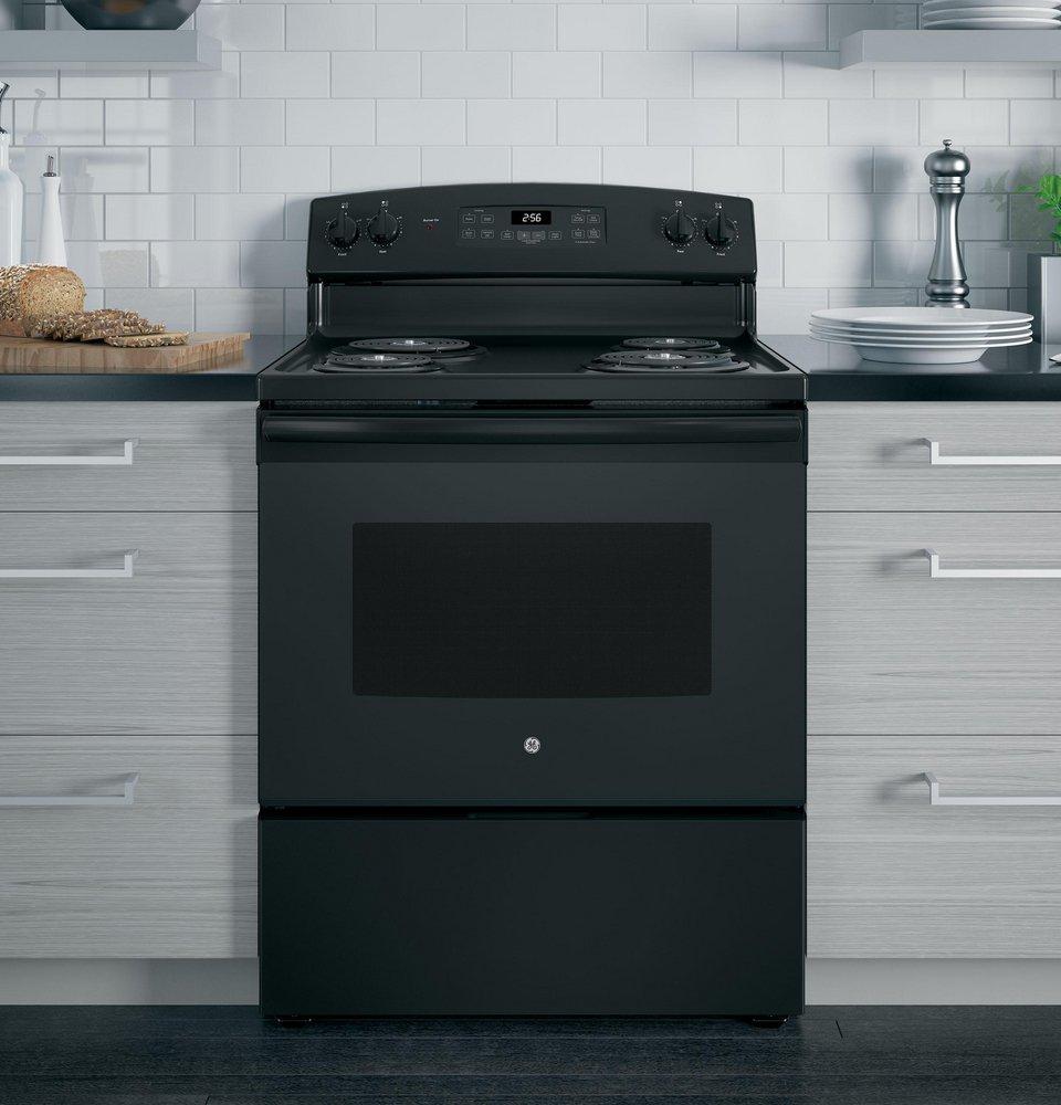 GE&reg; Black 30 in. Electric 4-Burner Coil Freestanding Range 