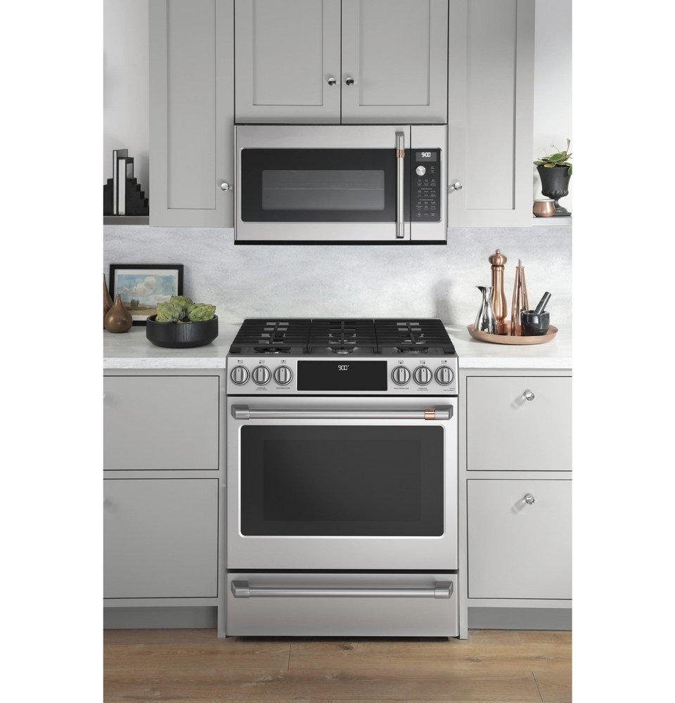 GE Caf&eacute; Stainless Steel 29-7/8 in. Dual Fuel 6-Burner Sealed Slide-in Range 