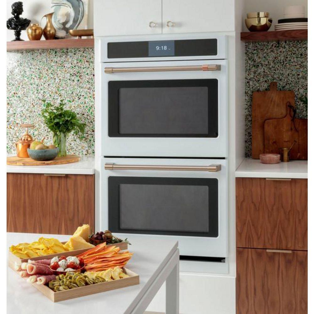 GE Caf&eacute; Matte White 29-3/4 in. 10 cu. ft. 40A Drop Down Wall Mount Double Oven 