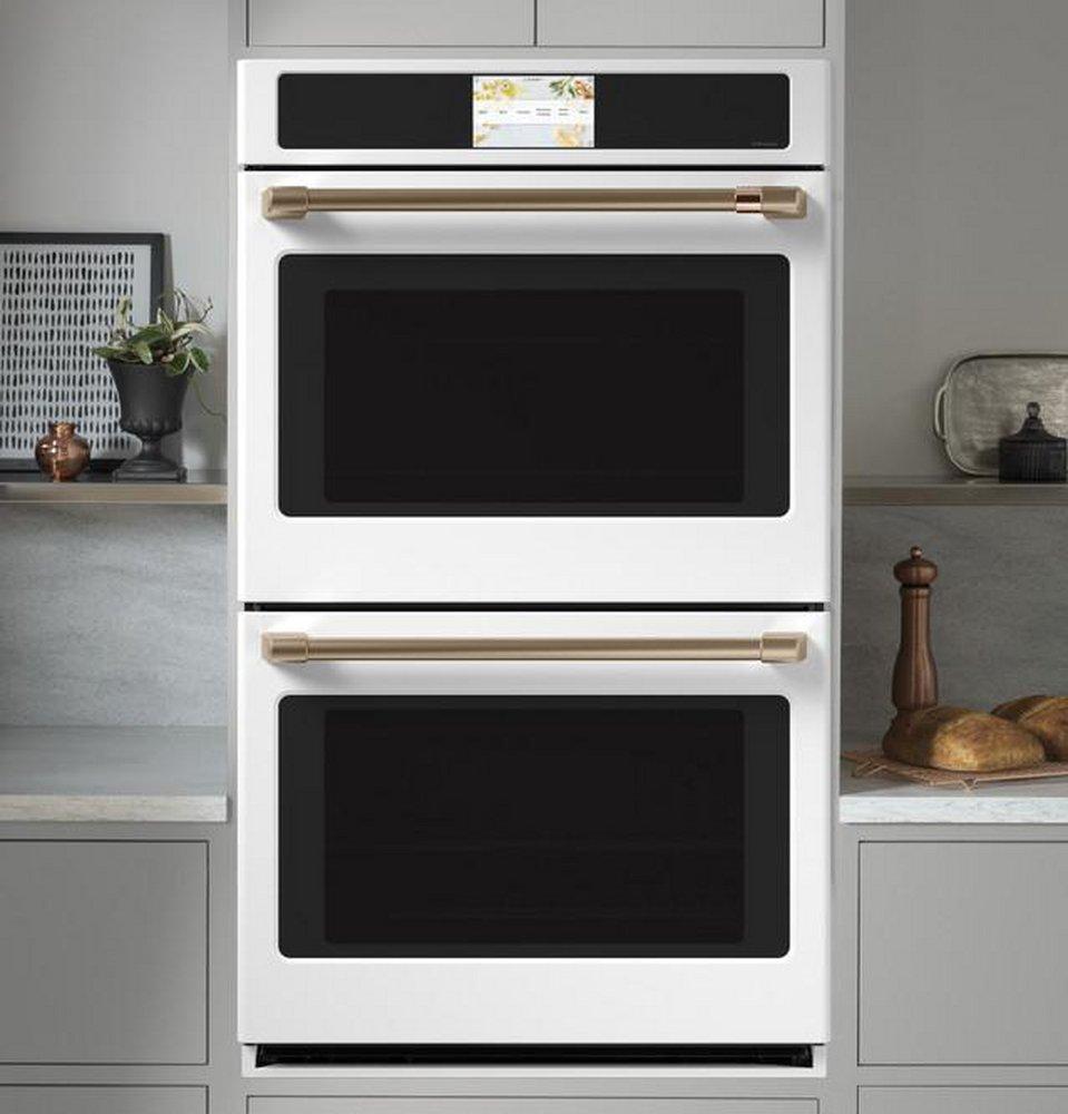 GE Caf&eacute; Matte White/Brushed Stainless 29-3/4 in. 10 cu. ft. 40A Drop Down Wall Mount Double Oven 
