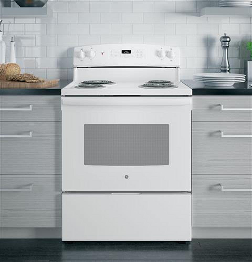 GE&reg; White 30 in. Electric 4-Burner Coil Freestanding Range 