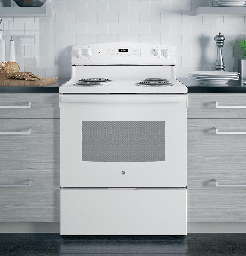 GE&reg; White 30 in. Electric 4-Burner Coil Freestanding Range 