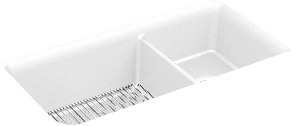 KOHLER Matte White 33-1/2 x 18-5/16 in. No-Hole Composite Double Bowl Undermount Kitchen Sink 