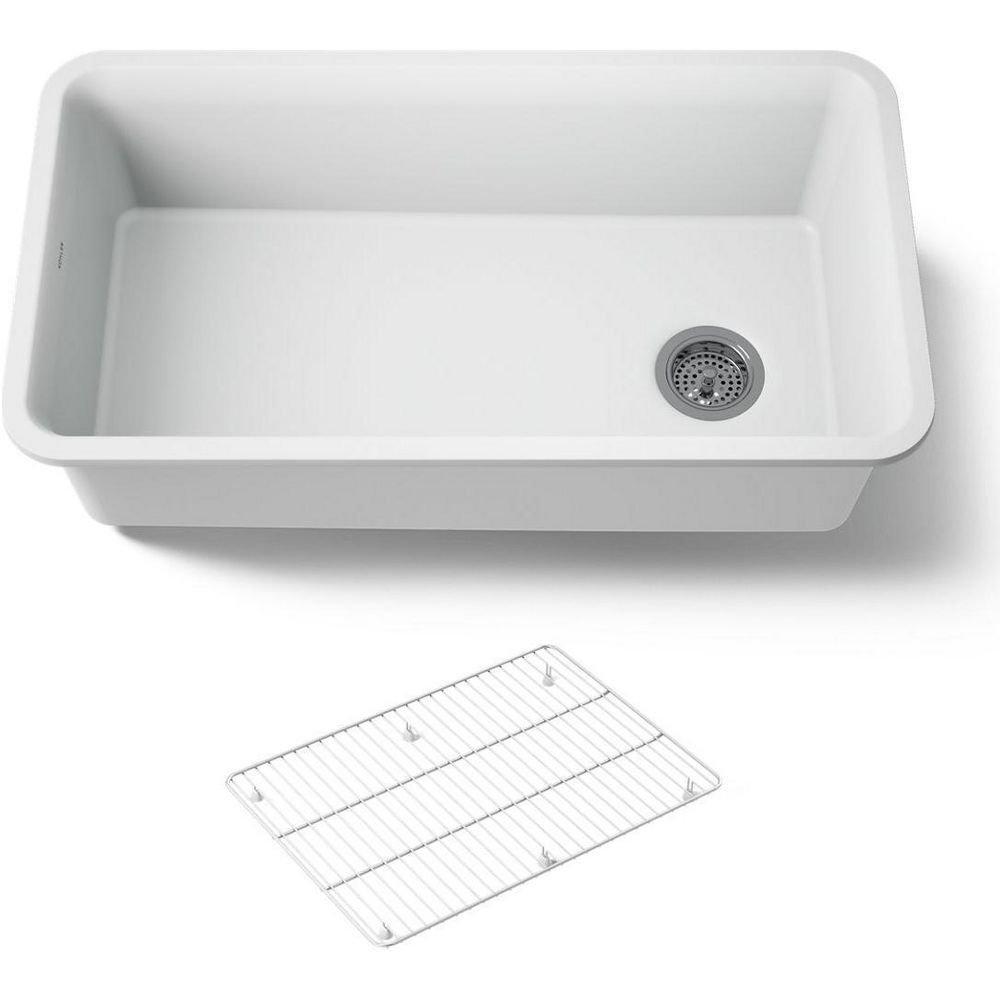 KOHLER Matte White 33-1/2 x 18-5/16 in. No Hole Composite Single Bowl Undermount Kitchen Sink 