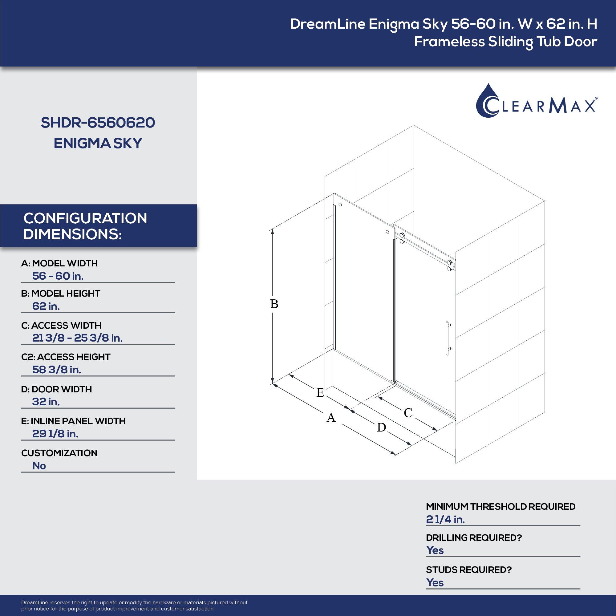 DreamLine Polished Stainless Steel *CVR* ENIGMA SKY 56-60 X 62 TUB DR 