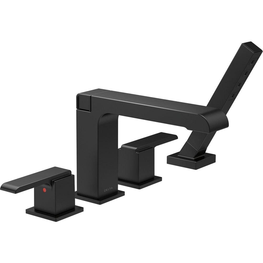 Delta Faucet Matte Black 2 gpm 4-Hole Roman Tub Trim with Hand Shower and Double Lever Handle (Trim Only) 