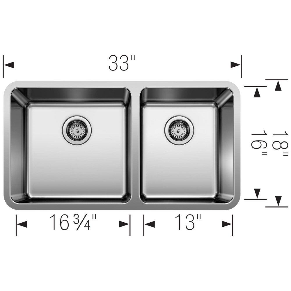 BLANCO Stainless Steel 33 x 18 in. No Hole Double Bowl Undermount Kitchen Sink 