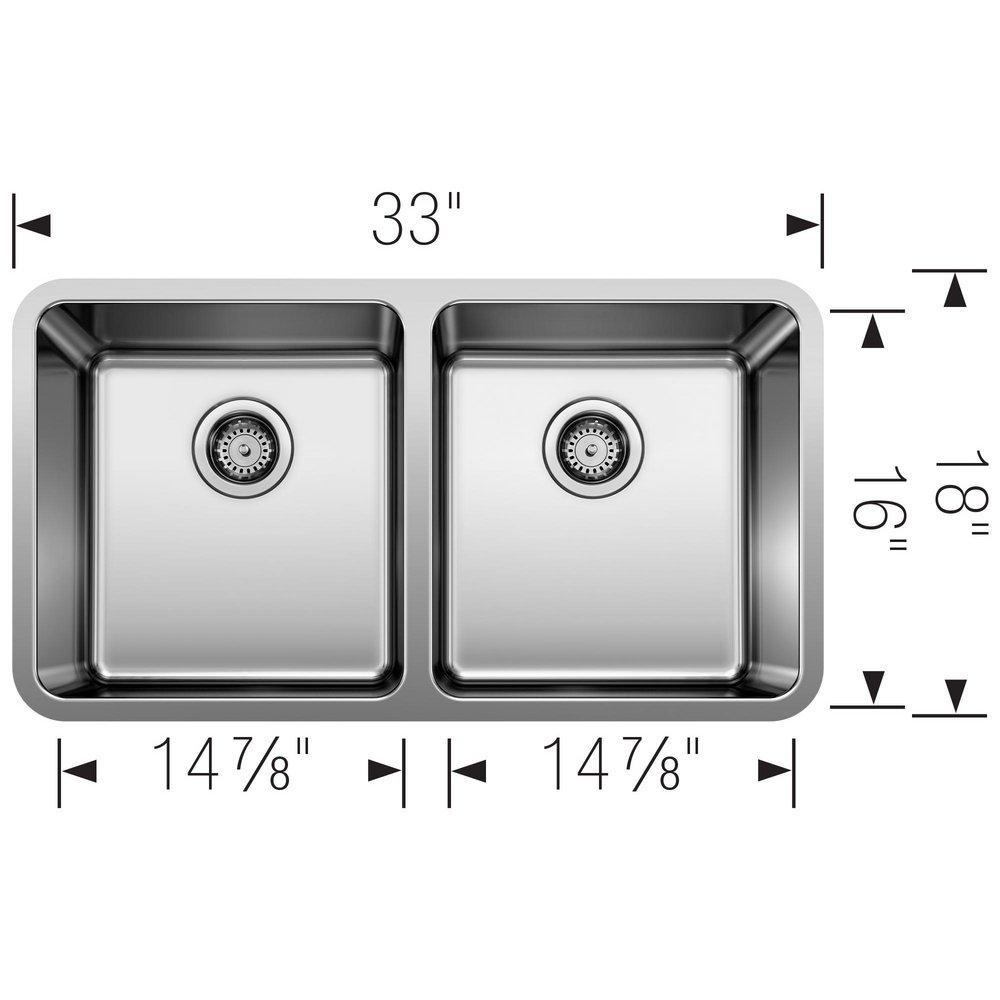 BLANCO Stainless Steel 33 x 18 in. No Hole Double Bowl Undermount Kitchen Sink 