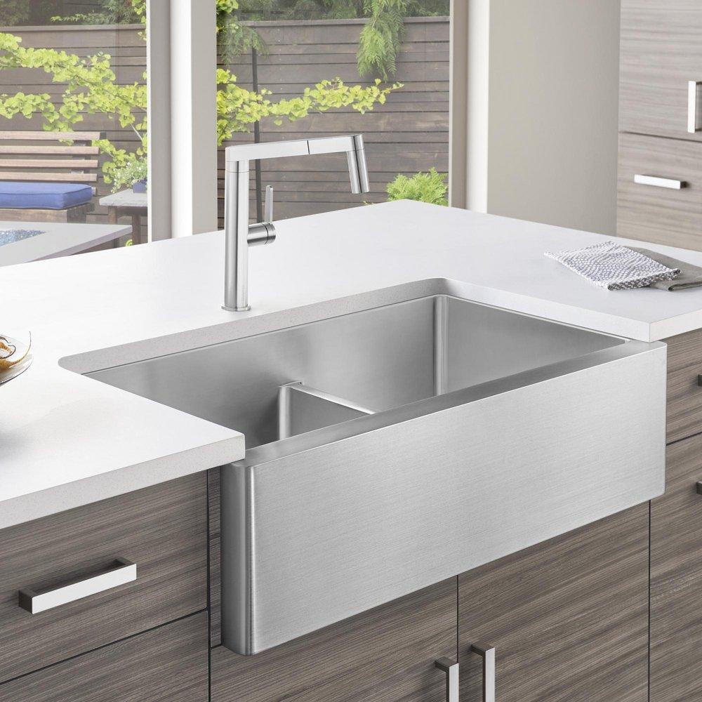BLANCO Stainless Steel 33 x 19 in. Stainless Steel Double Bowl Farmhouse Kitchen Sink 