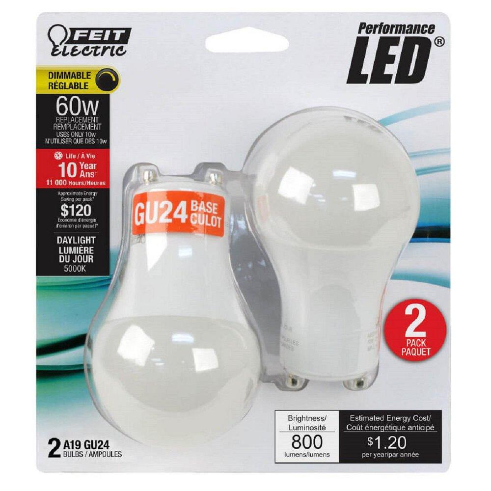 Feit Electric Daylight A19 LED Bulb GU24 Base 5000 Kelvin 240° Dimmable (Pack of 2) 