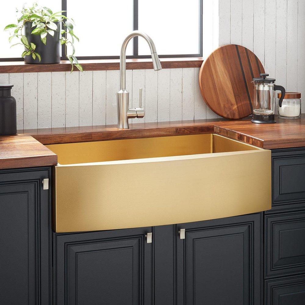 Signature Hardware Matte Gold 30 x 21 in. Stainless Steel Single Bowl Farmhouse Kitchen Sink 