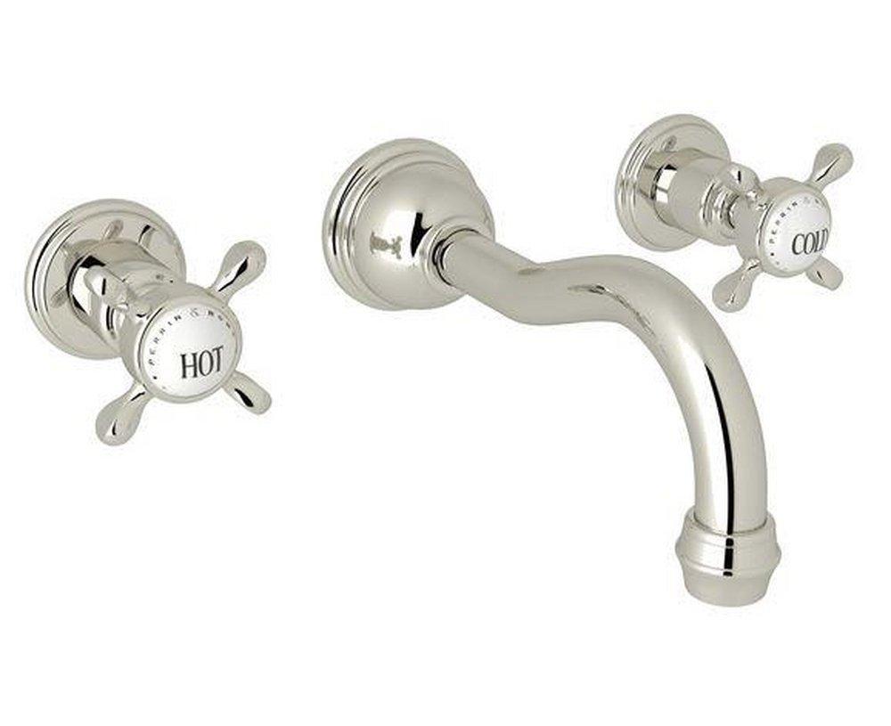 Perrin & Rowe&reg; Polished Nickel Two Handle Wall Mount Widespread Bathroom Sink Faucet 