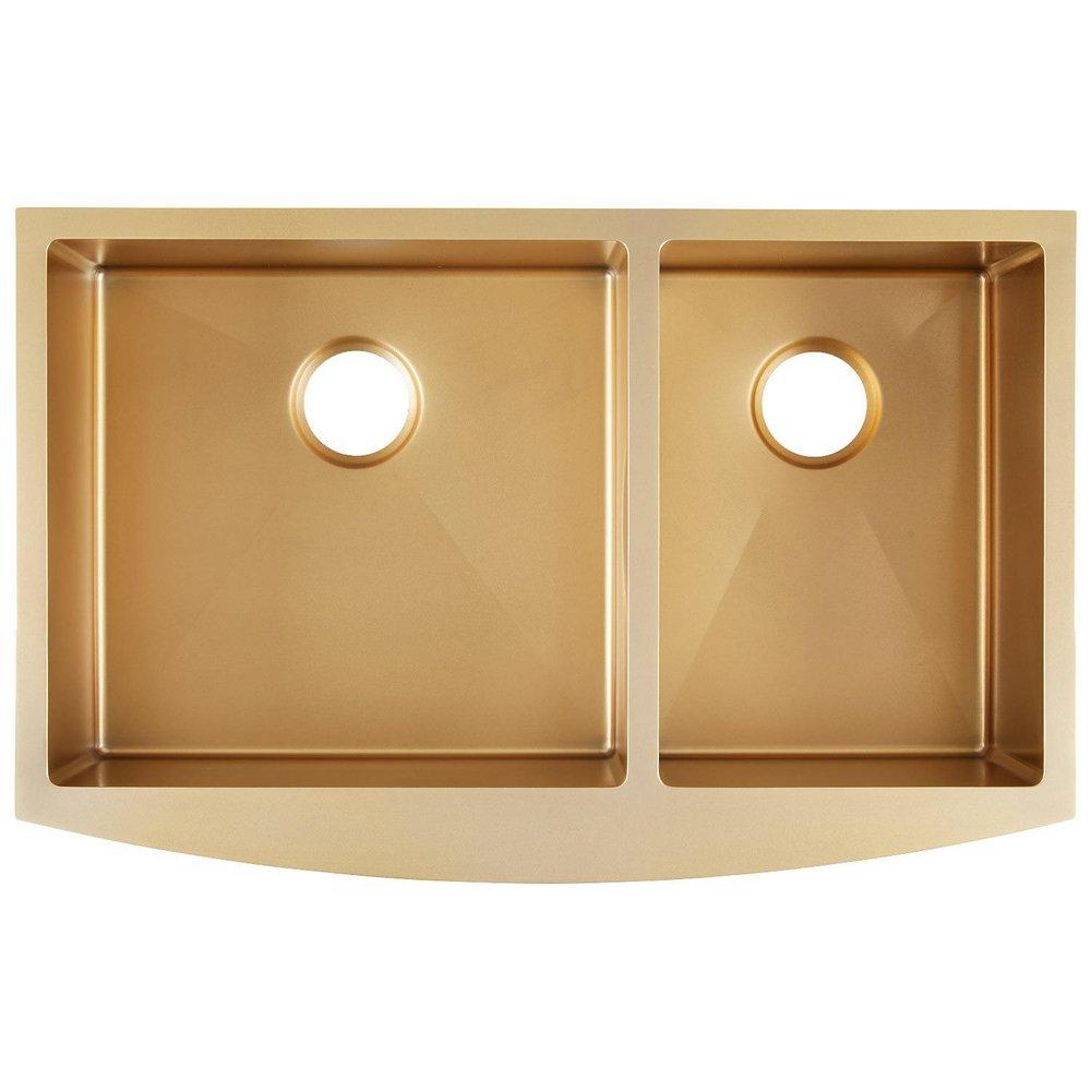 Signature Hardware Matte Gold 36 x 21 in. Stainless Steel 60/40 Split Double Bowl Farmhouse Kitchen Sink 