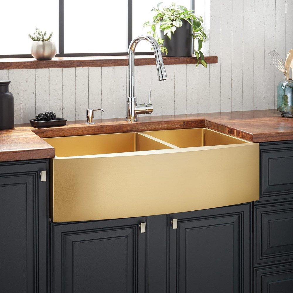 Signature Hardware Matte Gold 36 x 21 in. Stainless Steel 60/40 Split Double Bowl Farmhouse Kitchen Sink 
