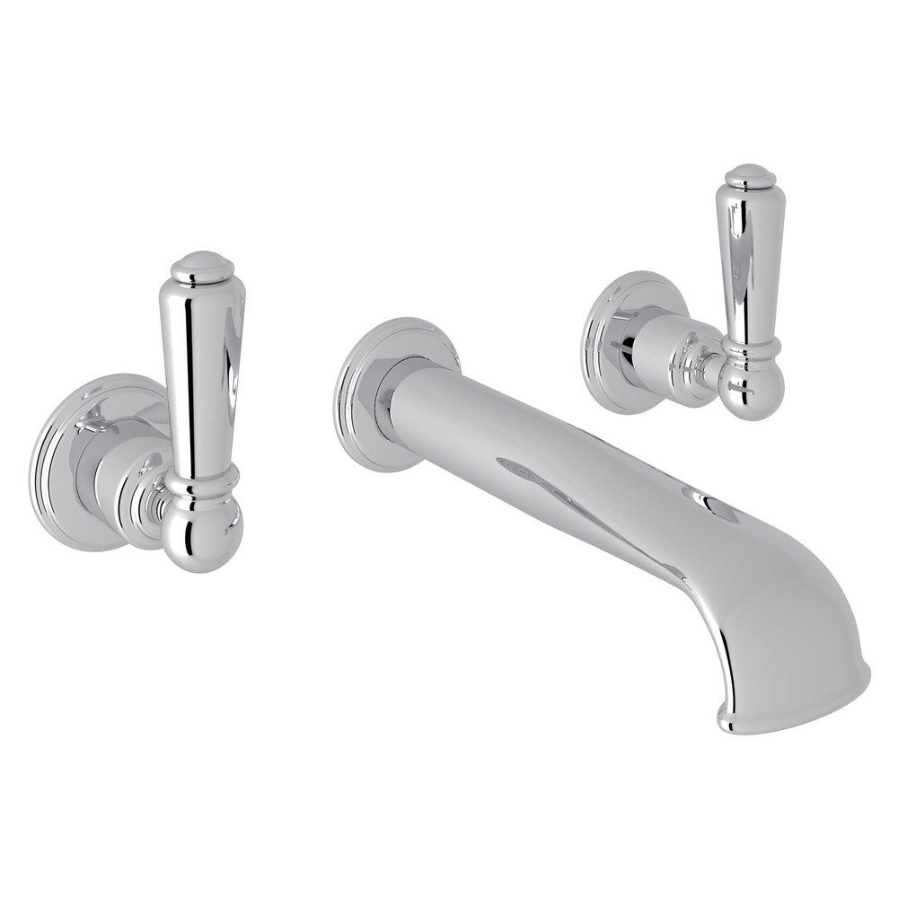 Perrin & Rowe&reg; Polished Chrome Two Handle Wall Mount Widespread Bathroom Sink Faucet 