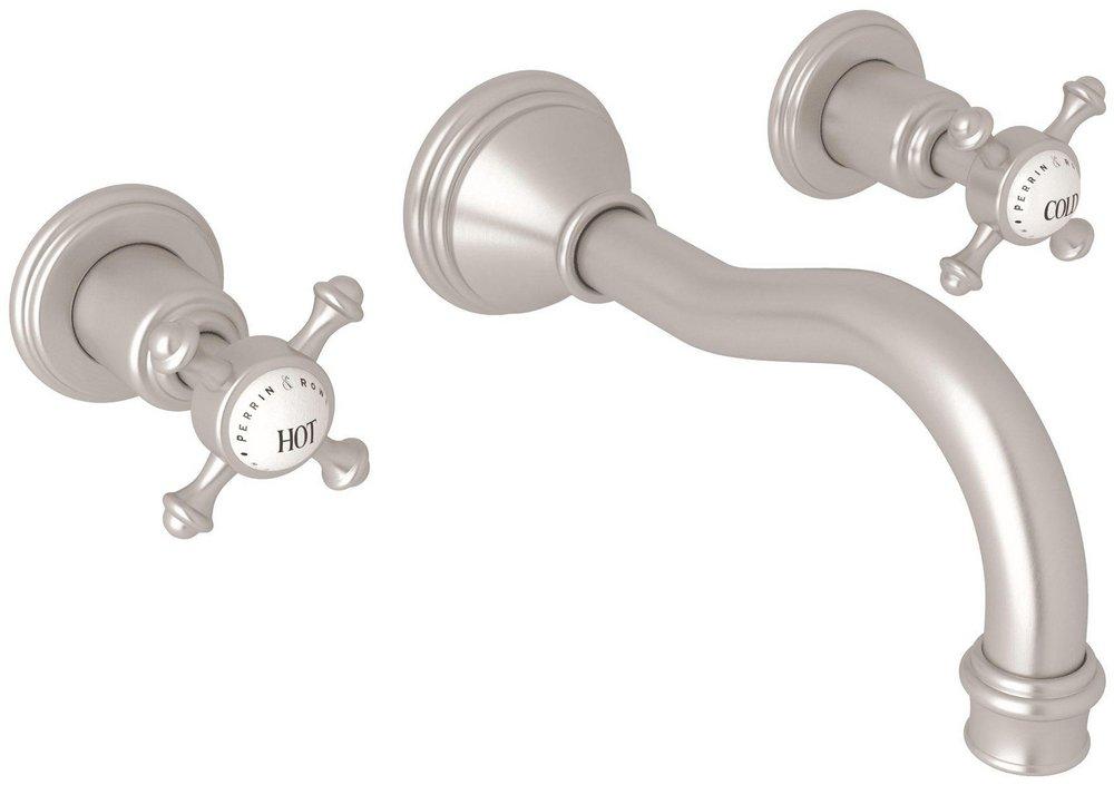 Perrin & Rowe Satin Nickel Two Handle Wall Mount Widespread Bathroom Sink Faucet 