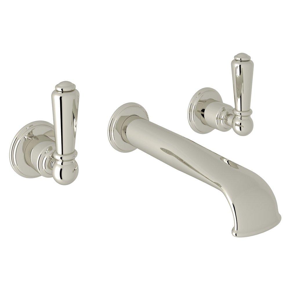 Perrin & Rowe&reg; Polished Nickel Two Handle Wall Mount Widespread Bathroom Sink Faucet 