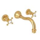 Perrin & Rowe&reg; Unlacquered Brass Two Handle Wall Mount Widespread Bathroom Sink Faucet 
