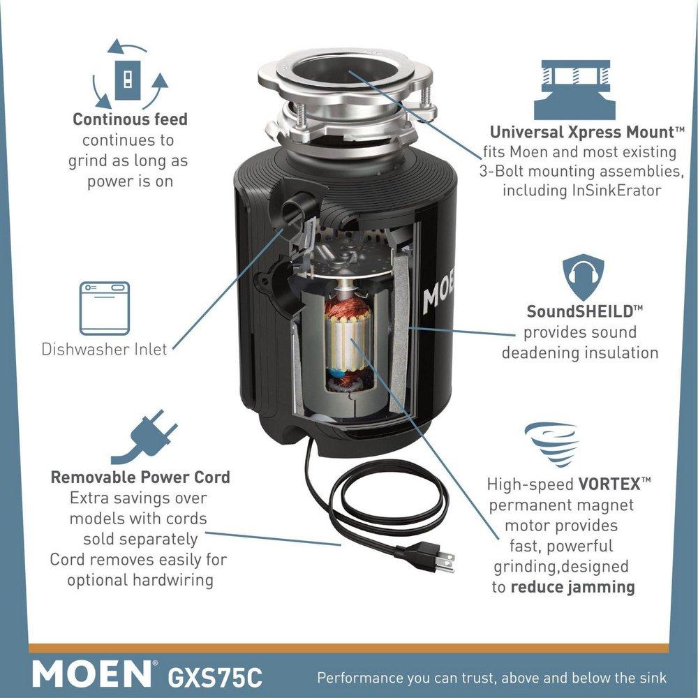Moen Black Continuous Feed Garbage Disposal with Pre-Installed Power Cord and SoundSHIELD Technology 