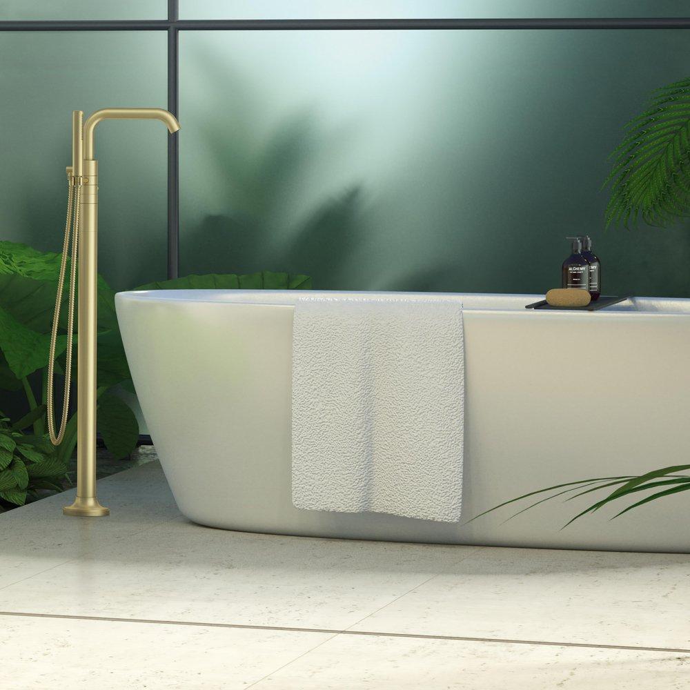 Pfister Brushed Gold Double Lever Handle Tub Floor Mount Filler with Hand Shower (Trim Only) 