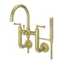 Three Handle Wall Mount Tub Filler with Handshower in Brushed Gold