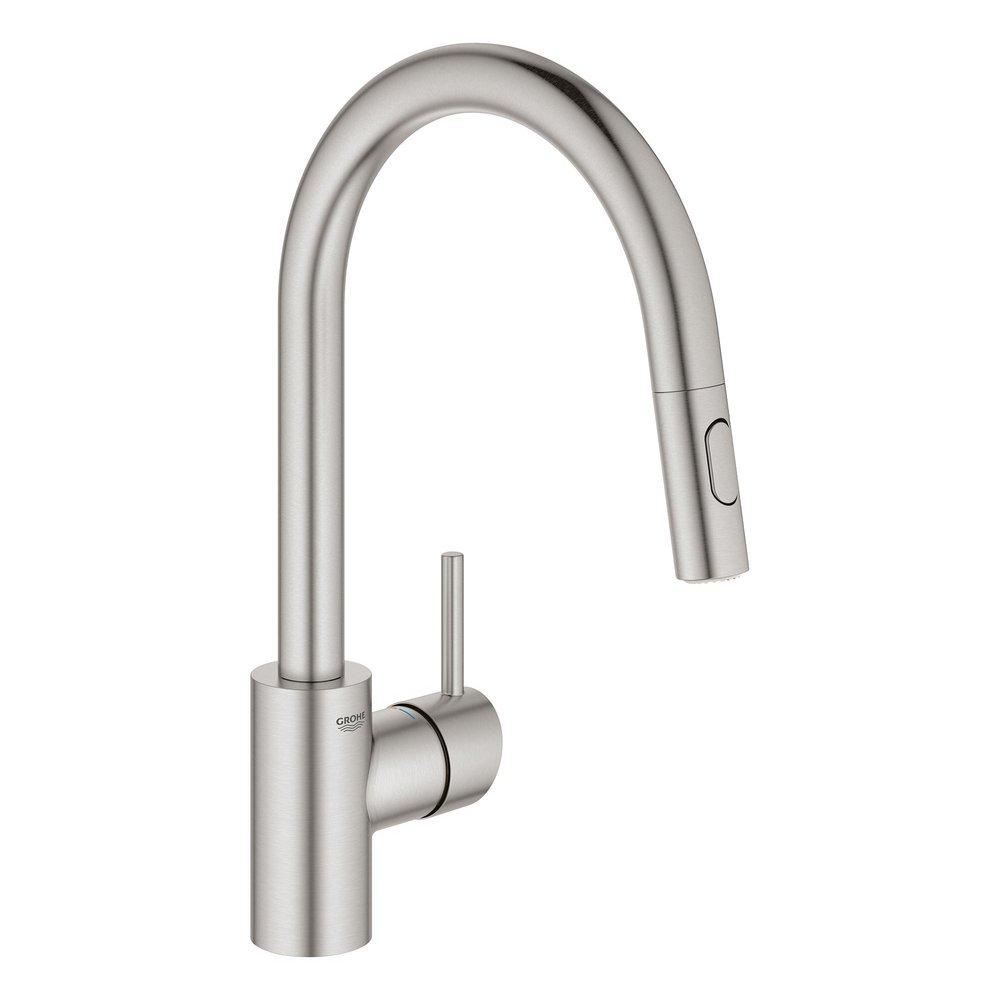 GROHE SuperSteel Infinity&trade; Single Handle Pull Down Kitchen Faucet with Two-Function Spray, EasyDock and SpeedClean Technology 