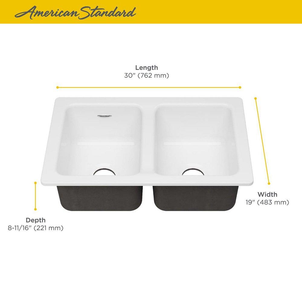 American Standard Brilliant White 30-1/16 x 19-1/8 in. No Hole Cast Iron Double Bowl Undermount Kitchen Sink 
