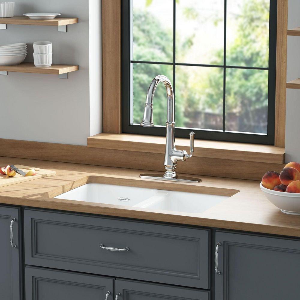 American Standard Brilliant White 30-1/16 x 19-1/8 in. No Hole Cast Iron Double Bowl Undermount Kitchen Sink 