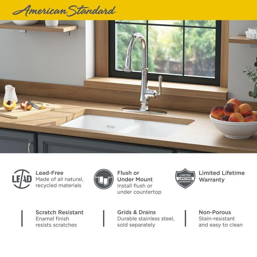 American Standard Brilliant White 30-1/16 x 19-1/8 in. No Hole Cast Iron Double Bowl Undermount Kitchen Sink 