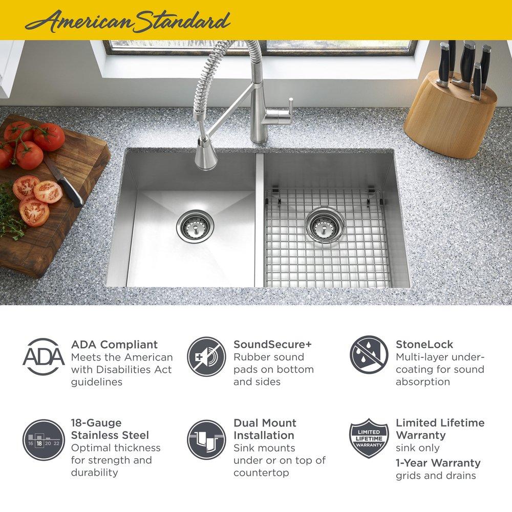 American Standard Stainless Steel 32-11/16 x 22 in. 1 Hole Double Bowl Dual Mount Kitchen Sink 