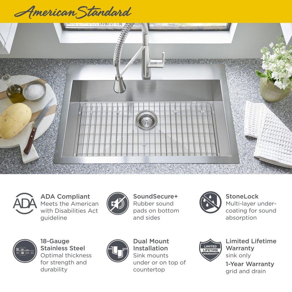 American Standard Stainless Steel 33 x 22 in. 1 Hole Single Bowl Dual Mount Kitchen Sink 