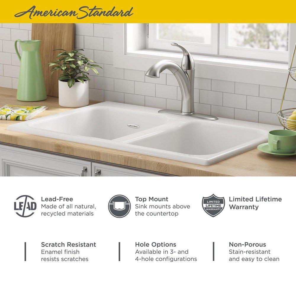 American Standard Brilliant White 32-7/8 x 22-1/4 in. Cast Iron Double Bowl Drop-in Kitchen Sink in Brilliant White 