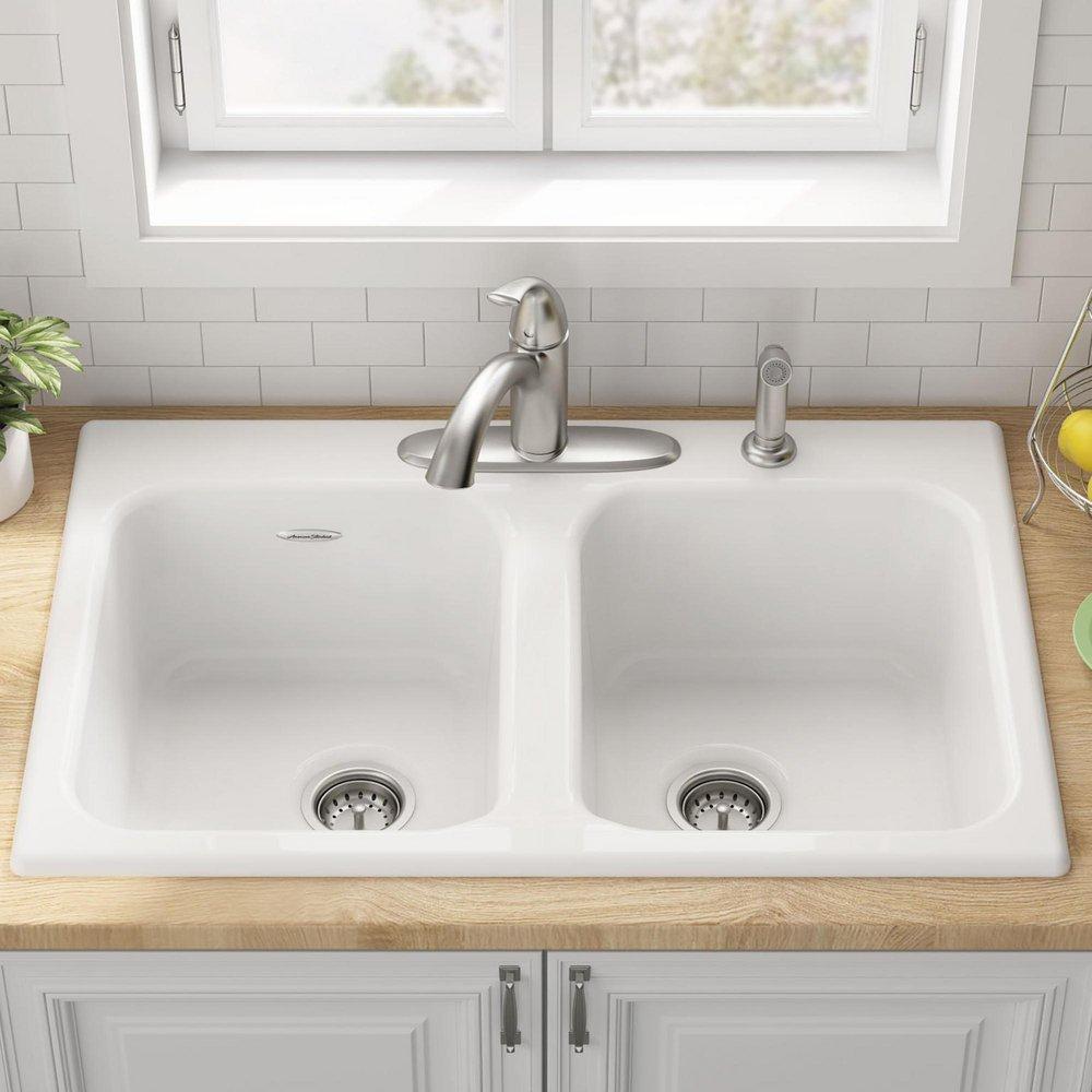 American Standard Brilliant White 32-7/8 x 22-1/4 in. Cast Iron Double Bowl Drop-in Kitchen Sink in Brilliant White 