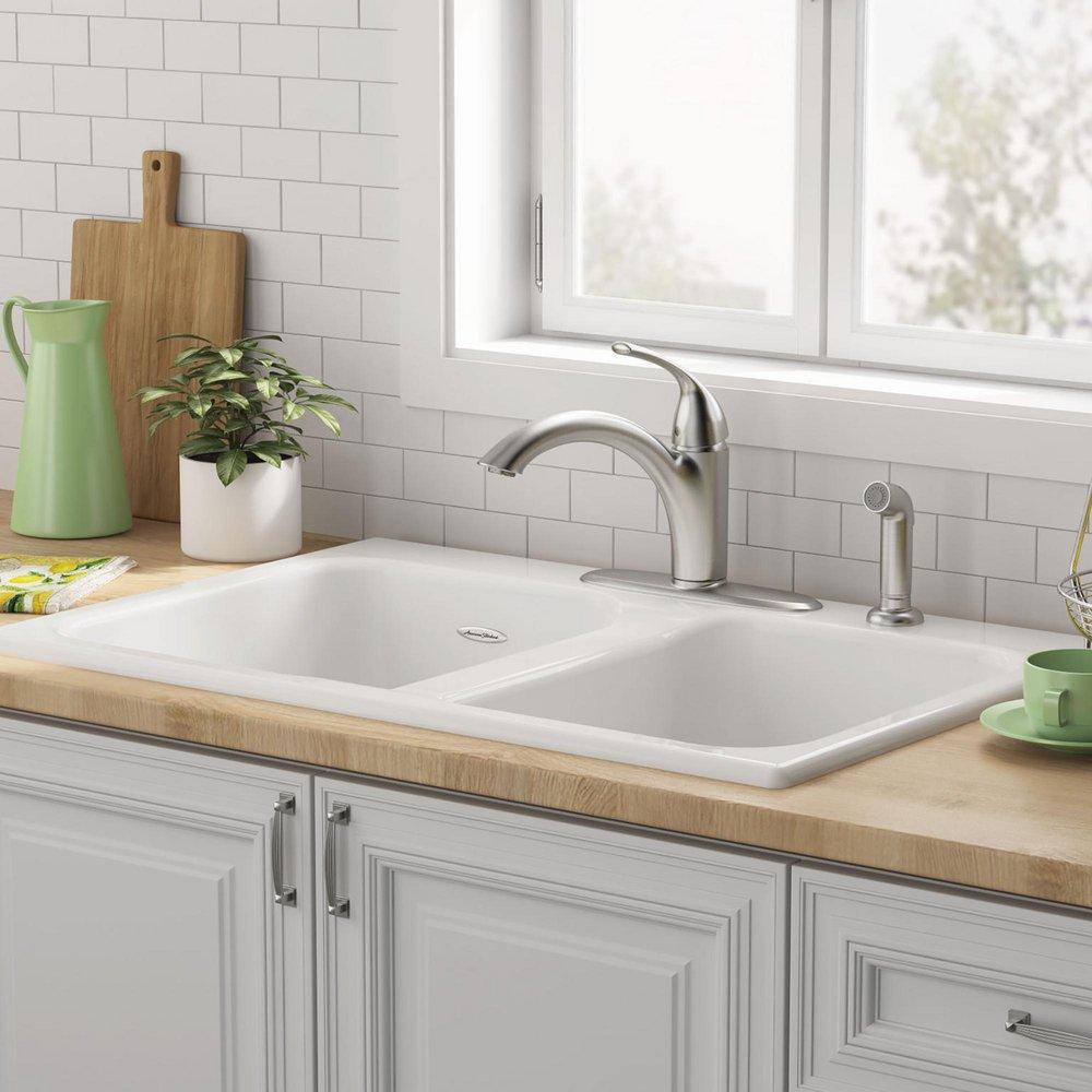 American Standard Brilliant White 32-7/8 x 22-1/4 in. Cast Iron Double Bowl Drop-in Kitchen Sink in Brilliant White 