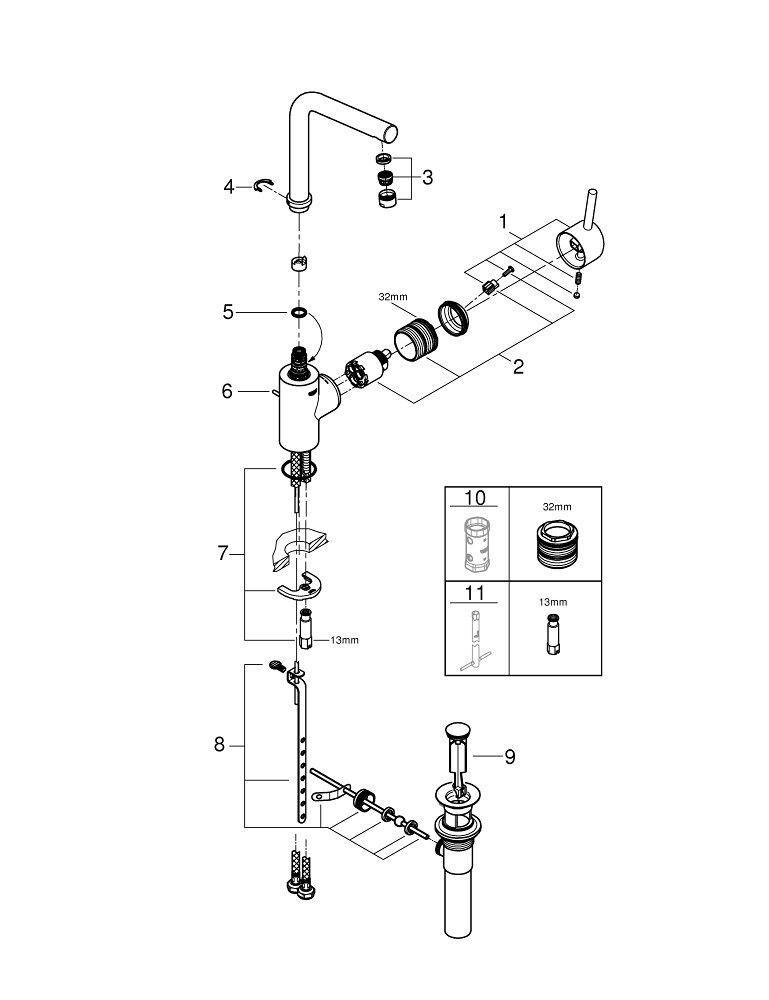 GROHE Brushed Nickel Single Handle Monoblock Bathroom Sink Faucet Lever Handle 