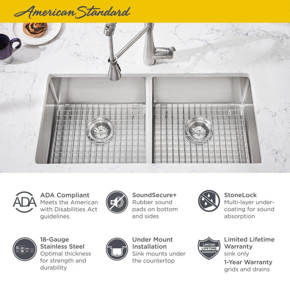 American Standard Stainless Steel 29 x 18 in. No Hole Double Bowl Undermount Kitchen Sink 