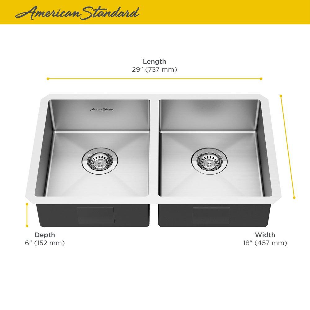 American Standard Stainless Steel 29 x 18 in. No Hole Double Bowl Undermount Kitchen Sink 