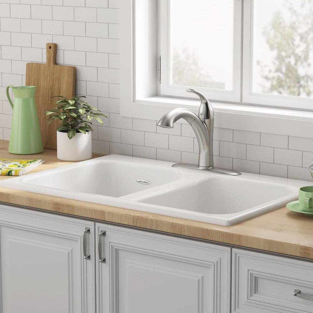 American Standard Brilliant White 32-7/8 x 22-1/4 in. Cast Iron Double Bowl Drop-in Kitchen Sink in Brilliant White 