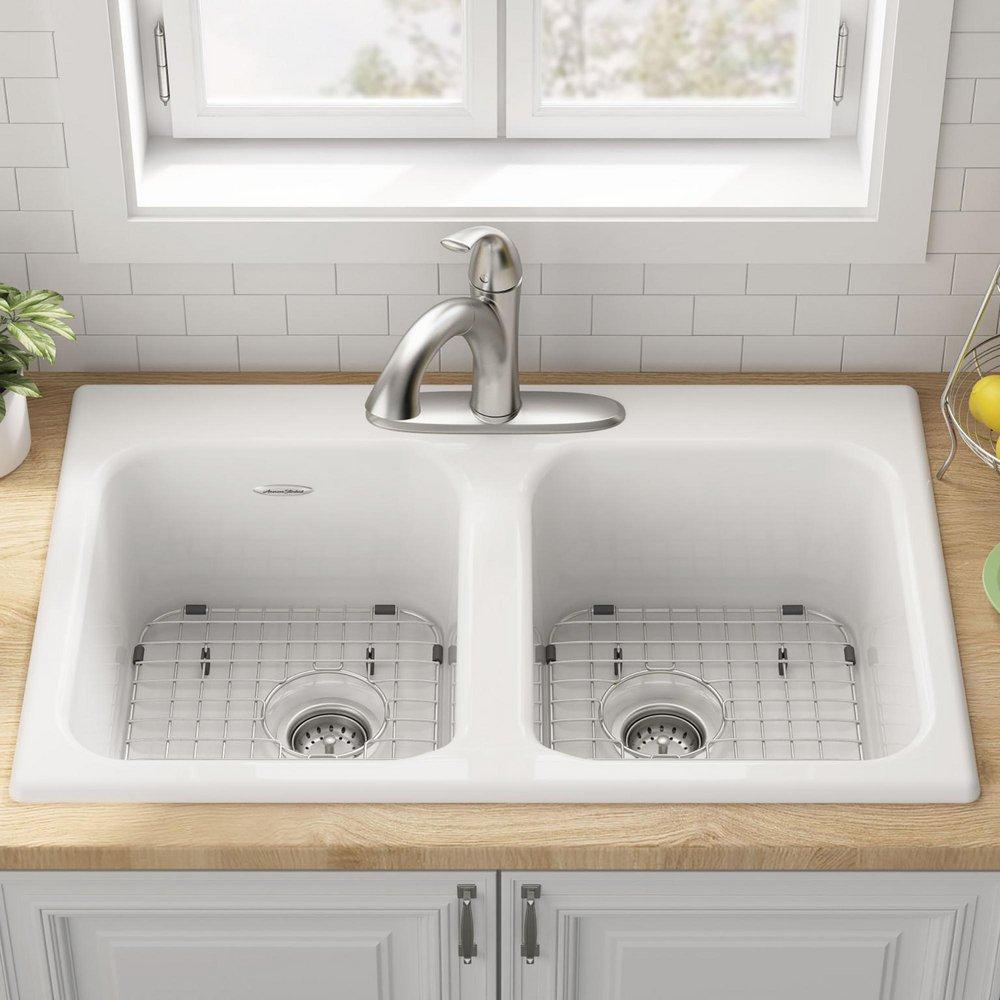 American Standard Brilliant White 32-7/8 x 22-1/4 in. Cast Iron Double Bowl Drop-in Kitchen Sink in Brilliant White 