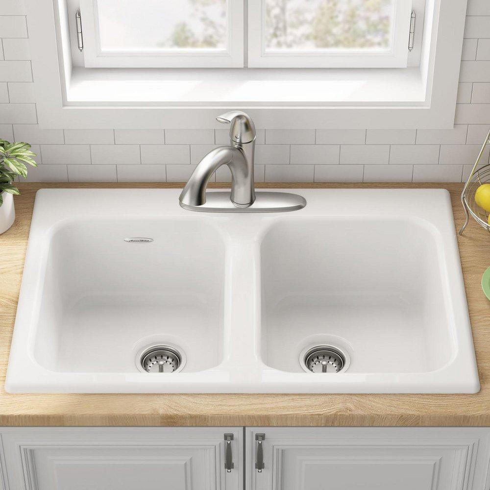 American Standard Brilliant White 32-7/8 x 22-1/4 in. Cast Iron Double Bowl Drop-in Kitchen Sink in Brilliant White 
