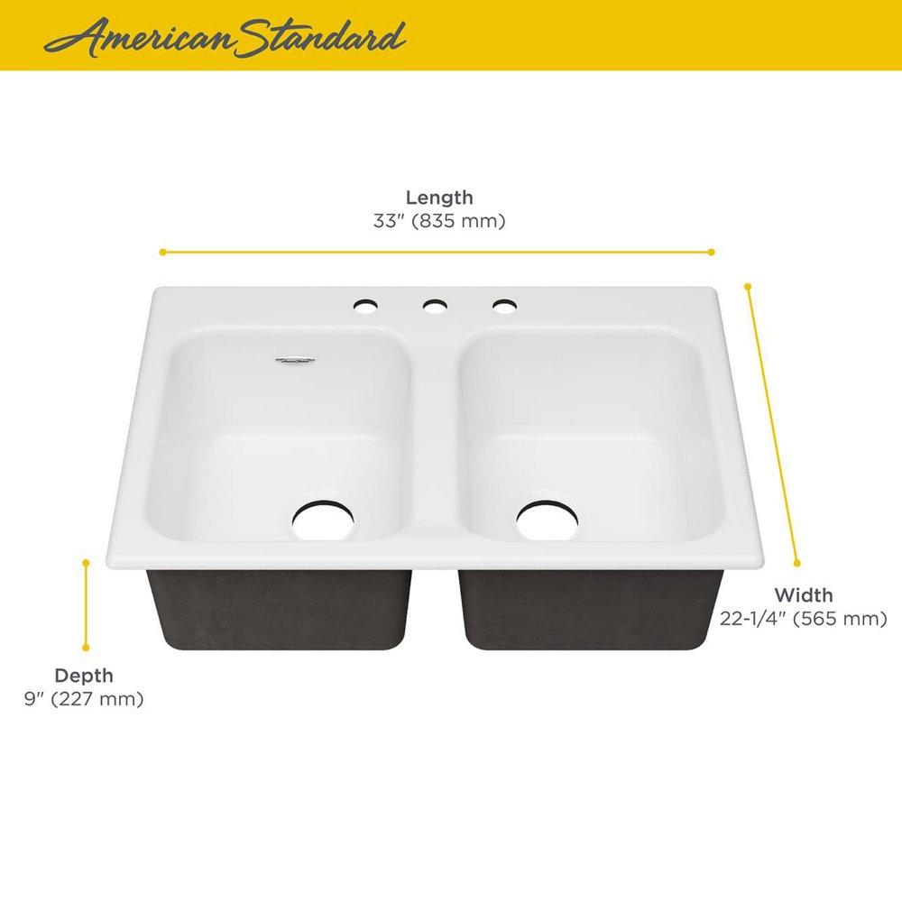American Standard Brilliant White 32-7/8 x 22-1/4 in. Cast Iron Double Bowl Drop-in Kitchen Sink in Brilliant White 