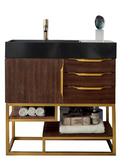 Columbia 36 in. Single Vanity, Coffee Oak, Radiant Gold w/ Glossy White Solid Surface Top
